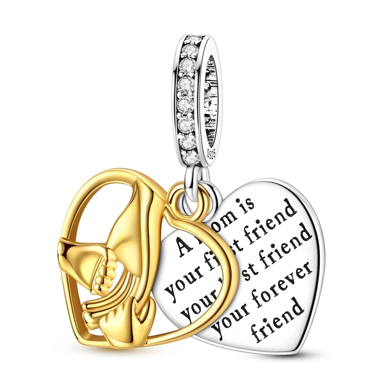 

925 Sterling Silver Charms Bead CZ Zircon Golden Hand Heart Dangle Fit Original Bracelet DIY Women Jewelry