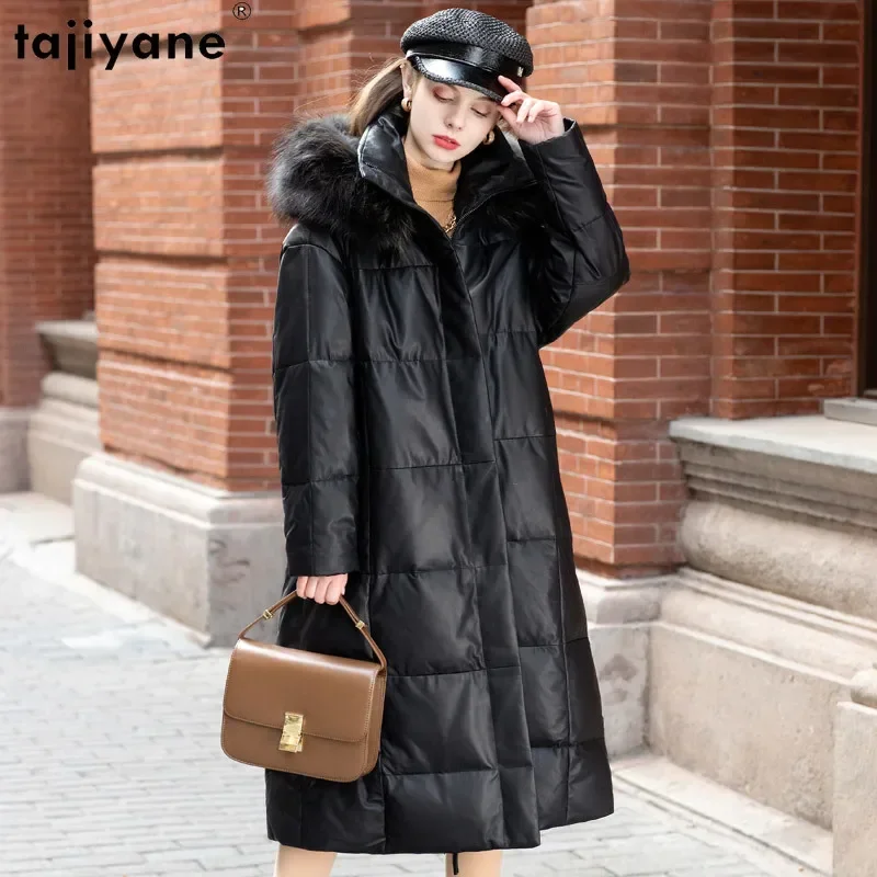 Tajiyane Real Sheepskin Leather Jacket Women Luxury Designer Warm Down Coats Hooded Raccoon Fur Collar for Coat Kurtka Damska