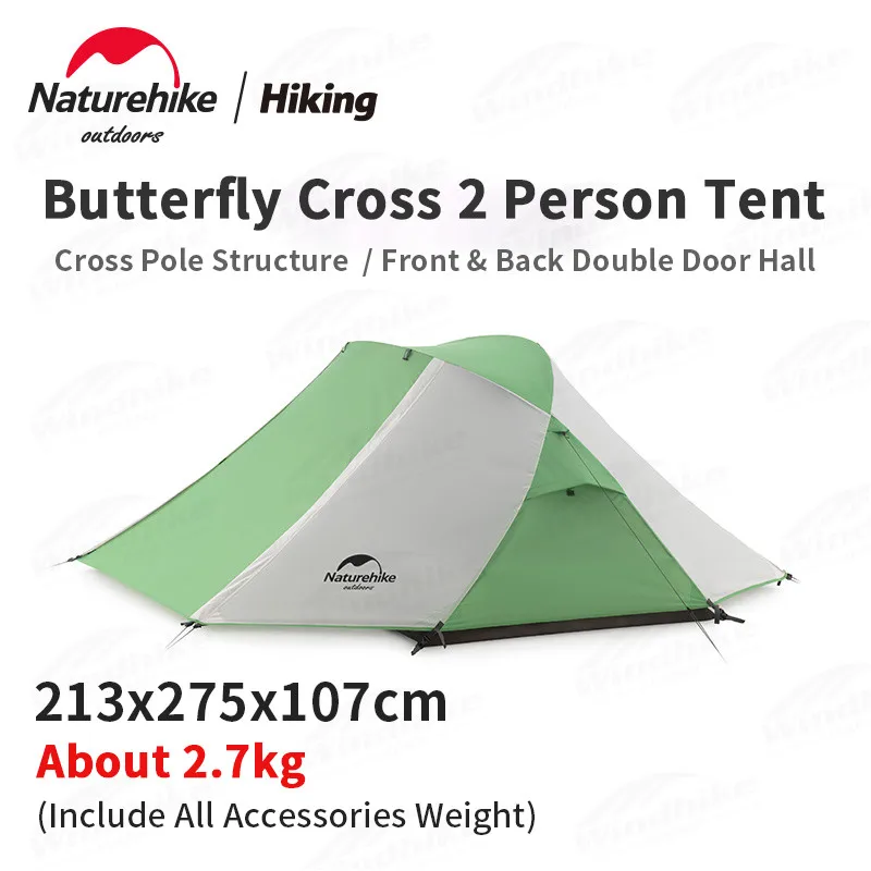

Naturehike 2Person Forest Camping Butterfly Tent Cross Bracket 2 Hall 2 Door 2.7kg Ultralight 210T Windproof Rainproof Tent