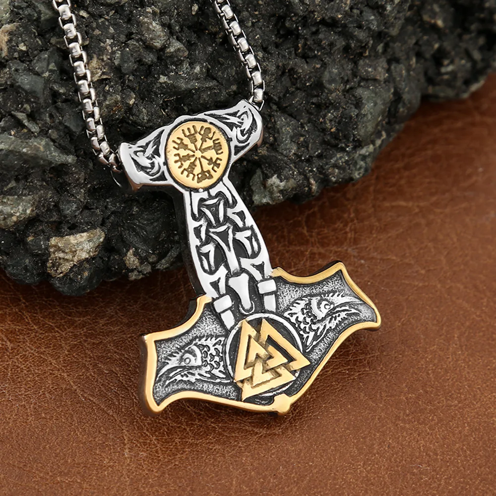 Unique Viking Mjolnir Raven and Norse Rune Pendant Stainless Steel Thor's Hammer Necklace Men's Road Sign Compass Amulet Jewelry