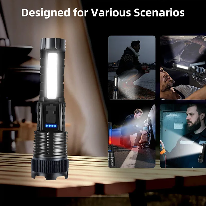 High Power Rechargeable LED Flashlight with Clip Ultra Strong Powerful Led Torch Light Built-in Battery Tactical Flashlight