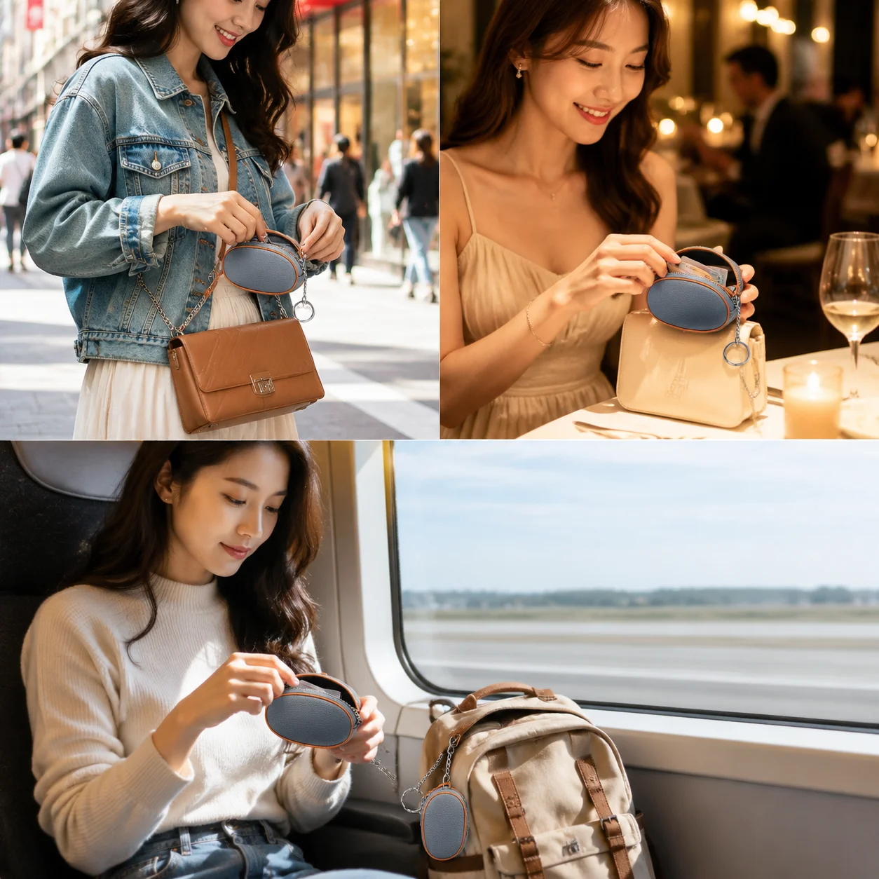 Coin Purse Stylish Travel Organizer for Women Top Grain Leather Mini Wallet with Keychain Contrast Color Zipper Bag