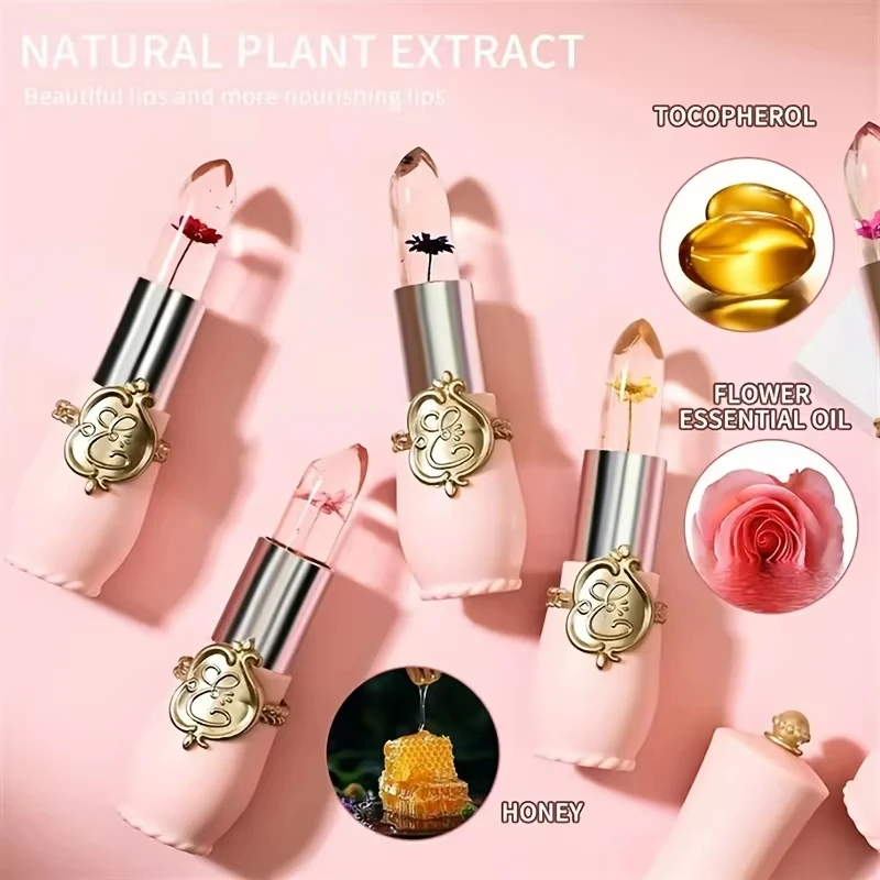 Crystal Flower Jelly Lipstick, Long Lasting Nutritious Lip Balm Lips Moisturizer Temperature Color Change Lip Gloss