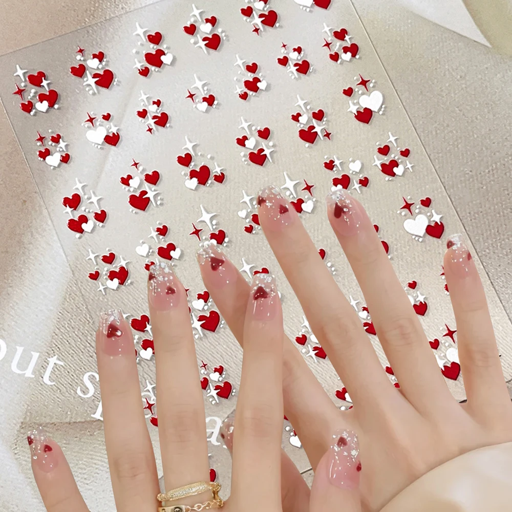 1 قطعة الأحمر والأبيض القلب النجمي ملصقات الأظافر عيد الحب الأحمر القلب بريق مسمار ملصقات لطيف الخوخ القلب ل مانيكير مائي #1