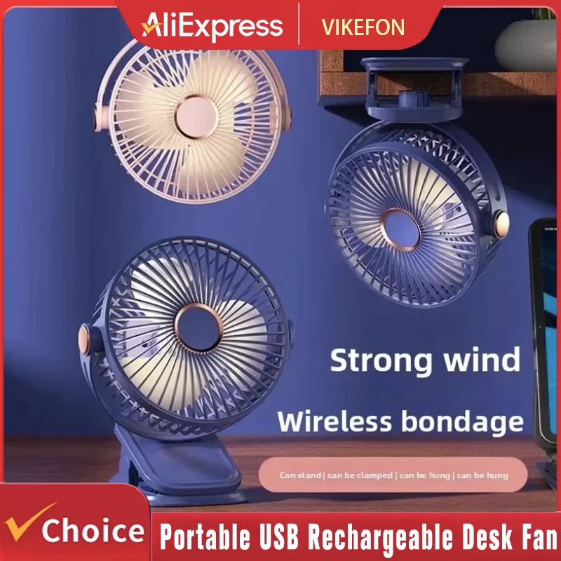 4 in 1 Multi-functional Clip Fan Stand Clip Hang Ceiling 5 Speeds 3 Night Lights 720° Adjustable USB Rechargeable Ultra Quiet
