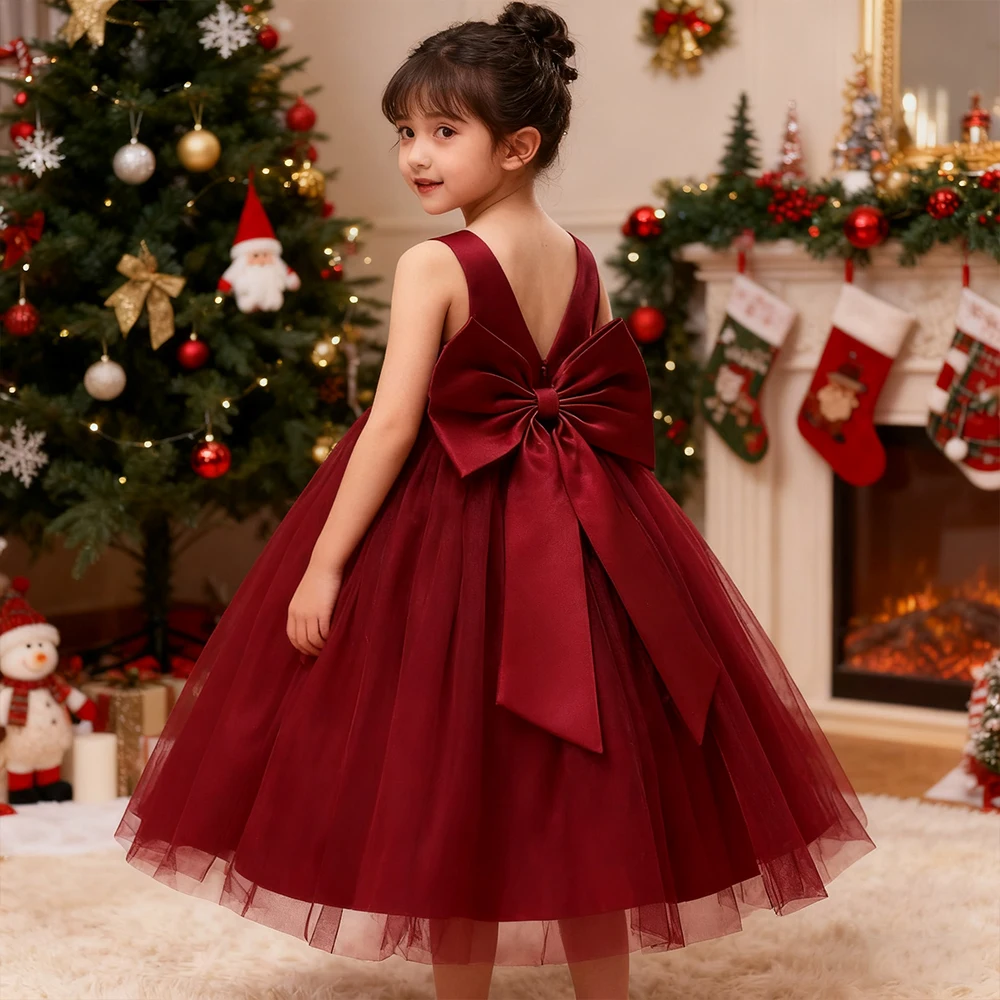 

Big Bowknot Girls Party Dresses Fashion Backless Elegant Ball Gown Christmas Dress New Year Red Dress Flower Girl Wedding Dress