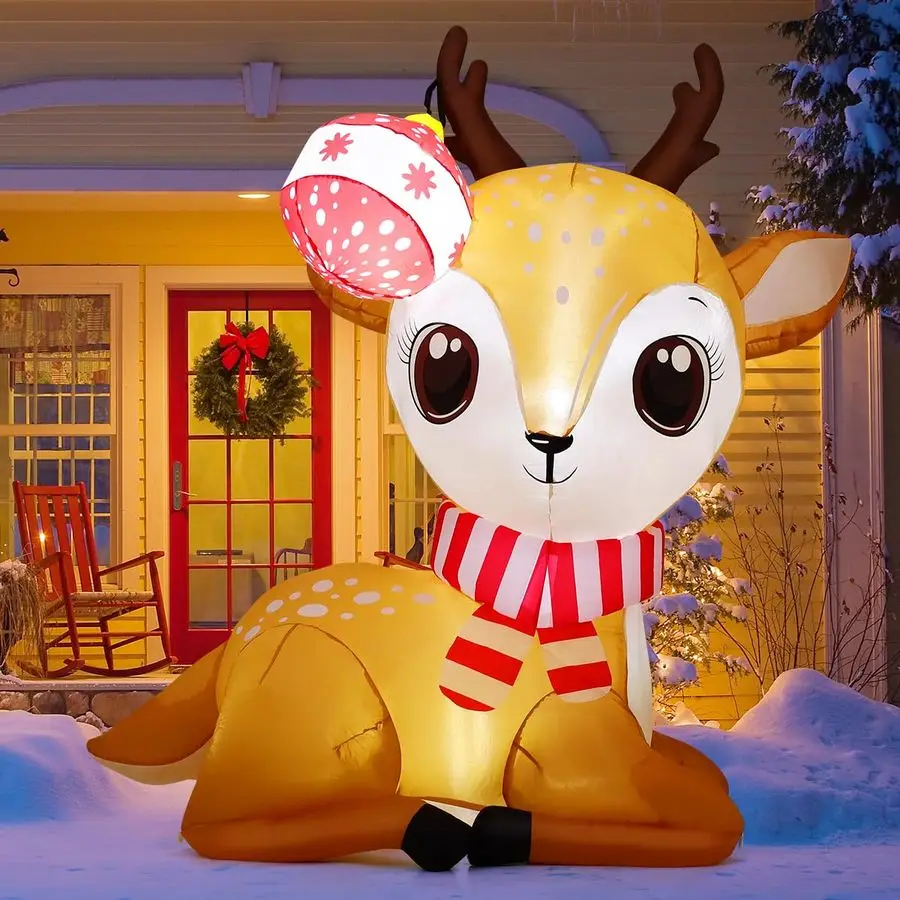 

5 FT Christmas Inflatables Reindeer Outdoor Decorations Blow Up Yard Cute Deer with Xmas Ball with Builtin LEDs for Garden Lawn