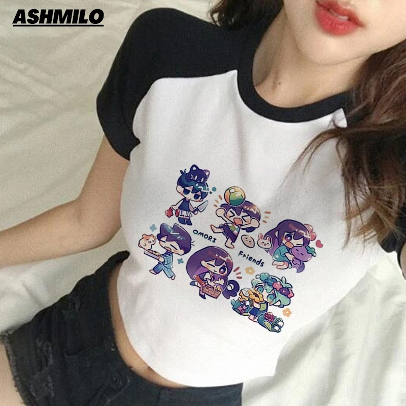 Maglietta Omori gioco stampa donna Harajuku estetica estate manica corta Crop top vestiti del fumetto coreano Harajuku giappone abbigliamento