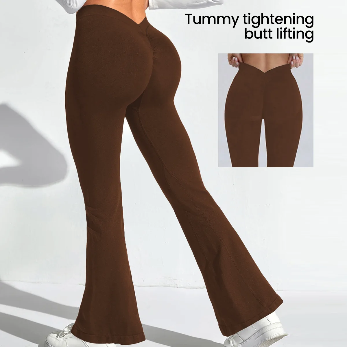 

Бесшовные высокоэластичные быстросохнущие брюки для йоги и фитнеса, задняя V-образная талия, персиковые спортивные расклешенные брюки для бега, женские