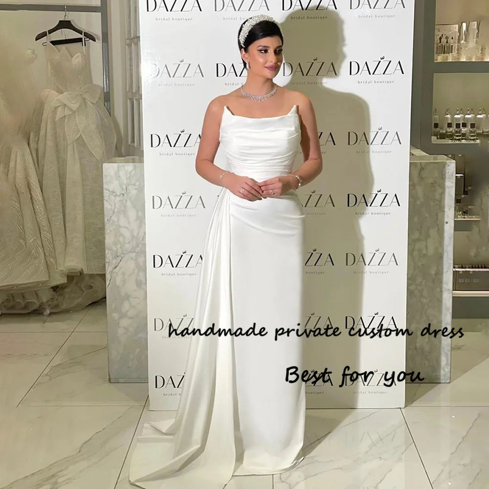 

White Pleats Satin Mermaid Evening Dresses Strapless Dubai Arabia Formal Dress with Train Long Wedding Party Gowns