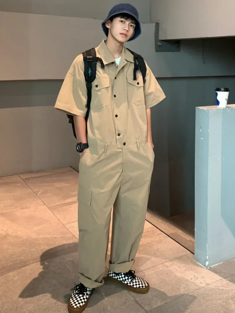 

SYUHGFA 2024 Spring Summer Men's Jumpsuit Solid Overalls Loose Cargo Pants Vintage Fashion Casual Khaki Male Clothing