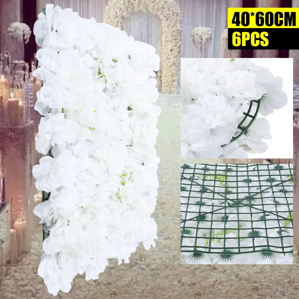 6Pcs Artificial Flower Wall Panel Silk Fabric and Plastic Flower Walls Pinhole Locking for Wedding Party Decor