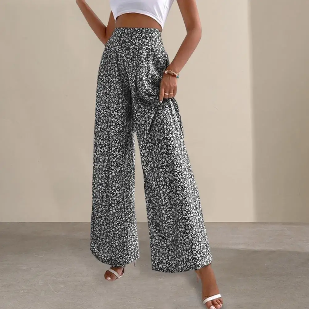 Loose Fit Wide Leg Pants Floral Print Wide Leg Pants for Women Elastic High Waist Trousers with Loose Fit Stylish Wear Option