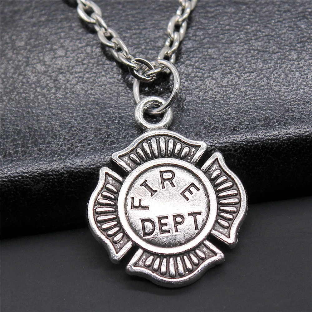 Fashion Antique Silver Color 18x22mm Fire Department Fire Dept Charms Pendant Necklace For Women Lady Girl Jewelry Gift