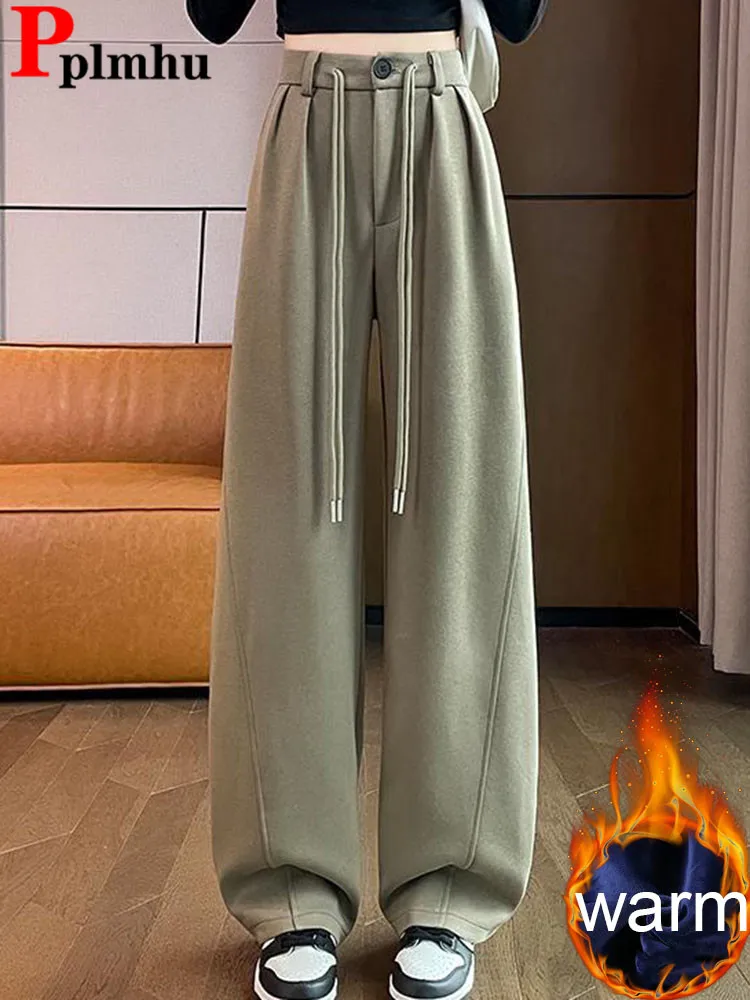 

Korean Design Thicken Loose Straight Pants Winter Warm High Waist Velvet Lined Wide Leg Sweatpants Women Casual Pantalones New