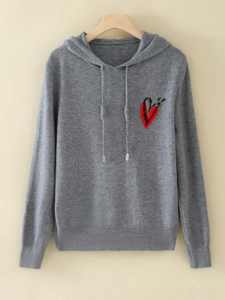 ADDONEE Women 100% Cashmere Sweater Heart Knit Hooded Pullover Autumn Winter Casual Loose 100% Cashmere Knitwear Korean Tops