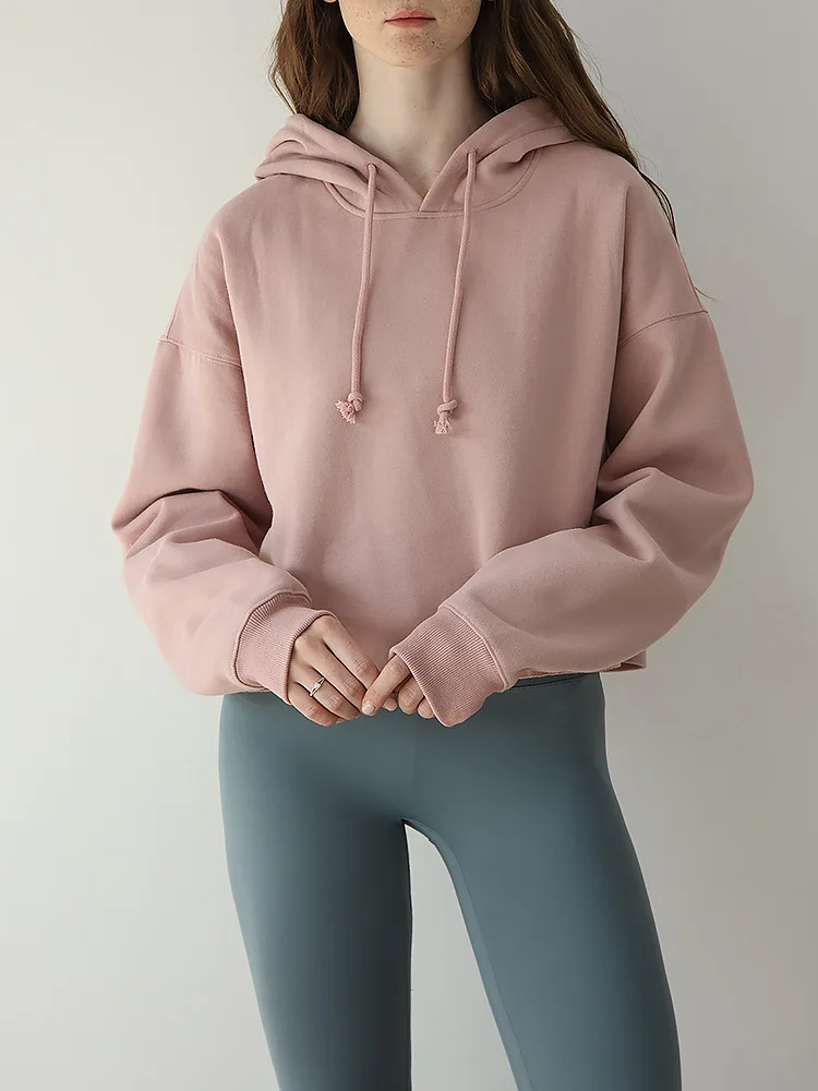 

Ультрамодный укороченный худи-пуловер из утолщенного флиса, оверсайз, с длинным рукавом, для повседневной носки