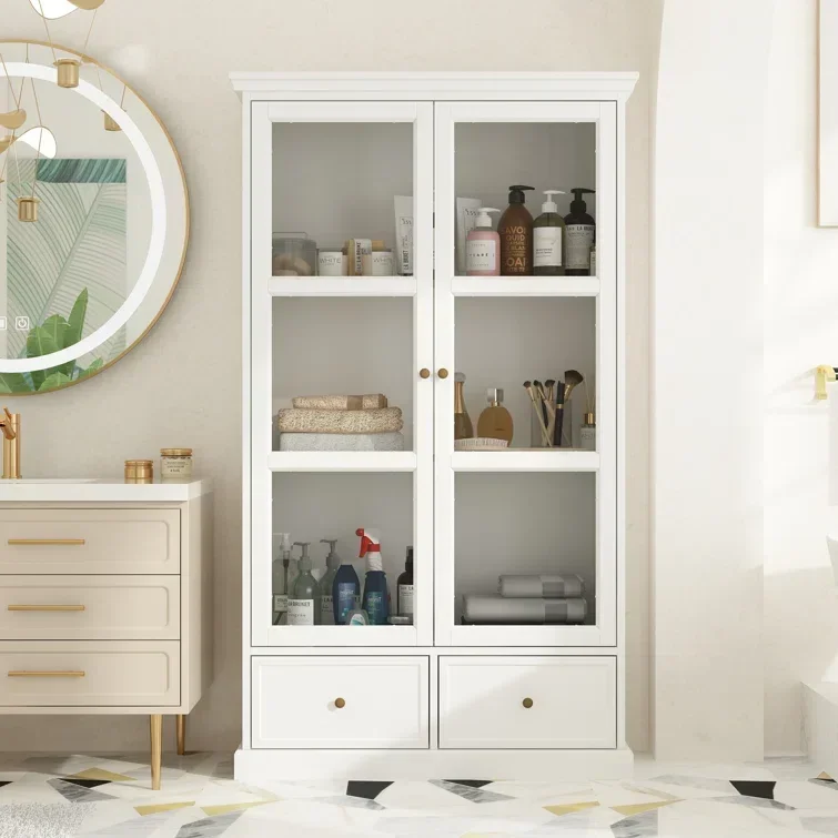 New Arrival Freestanding Bathroom Cabinet Built With High-quality Materials And Expert Craftsmanship Double-door Glass Bathroom