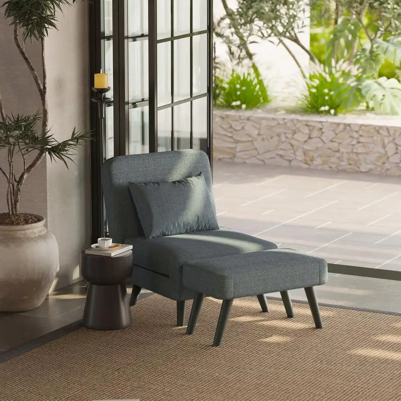 Foldable Linen Chaise Lounge with Adjustable Backrest, Footrest & Detachable Pillow, Convertible Chair Bed for Small Spaces,