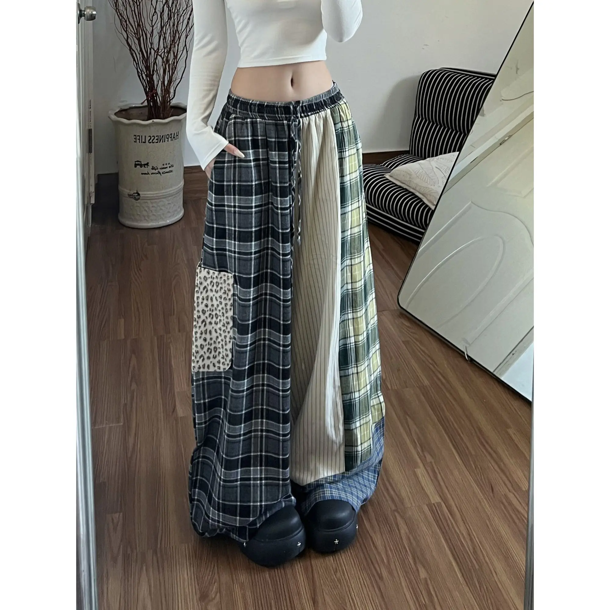 

Japan Patchwork Checkered Wide-leg Women's Summer Lightweight High-waisted Elastic Waist Vintage Lazy Floor-length Pants