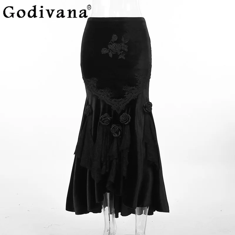 القوطية الظلام نمط أسود هالوين ملابس الإناث قميص أسود طويل الأكمام تأثيري حورية البحر تنورة الدعاوى النساء تأثيري ازياء مجموعة