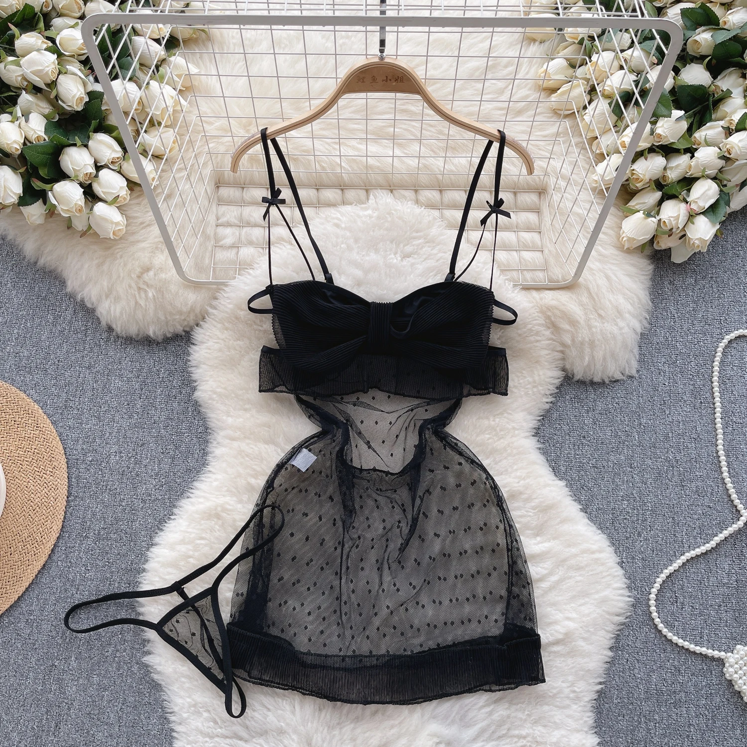 

Women Sexy Polka Dot Mesh Nightgowns Fashion Bow Ruffle Pajamas Suit Vintage Erotic Transparent Spaghetti Strap Dress