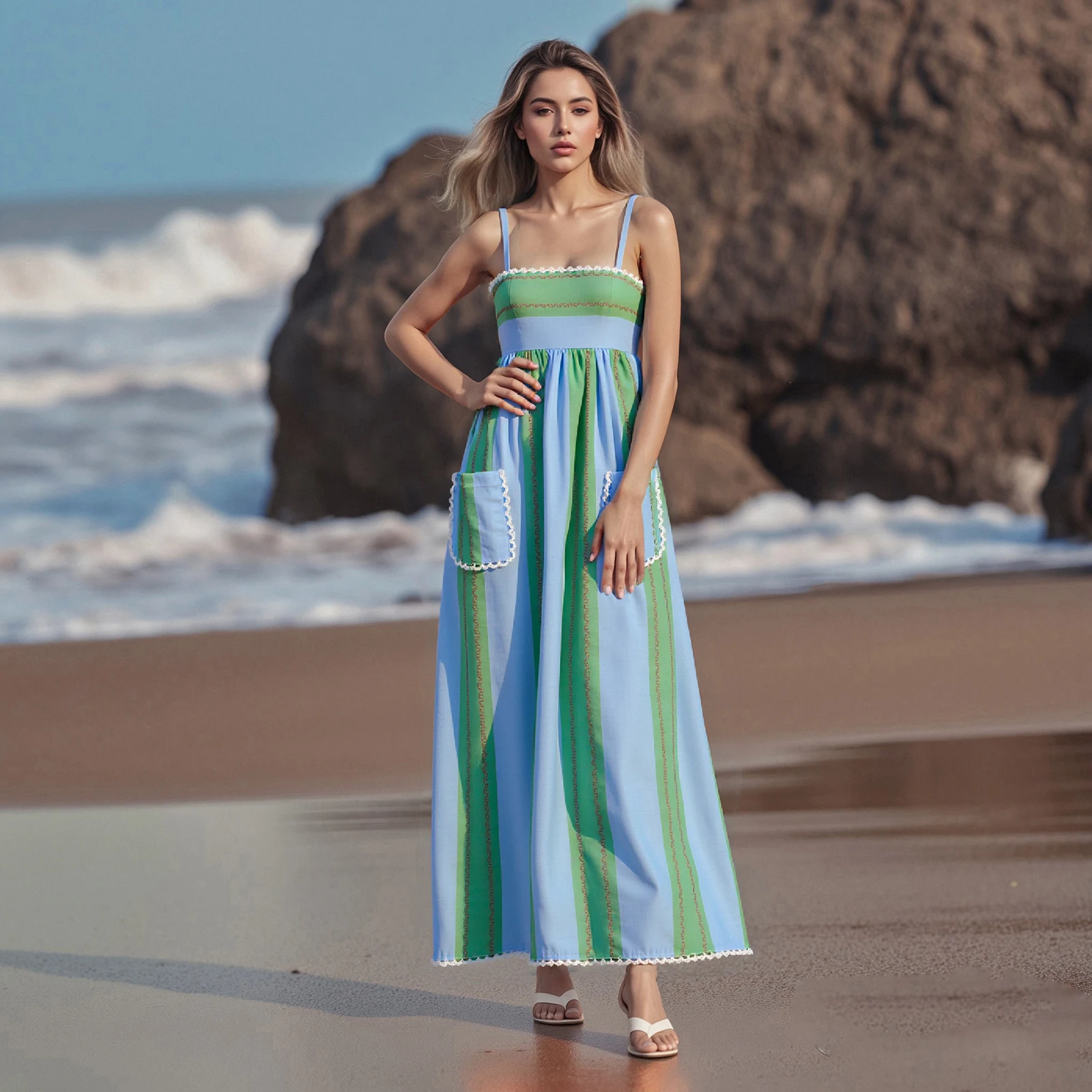 Vestido largo tipo camisola a rayas para mujer, vestido de playa fluido con tirantes finos de verano y corte holgado con bolsillos delanteros para vacaciones