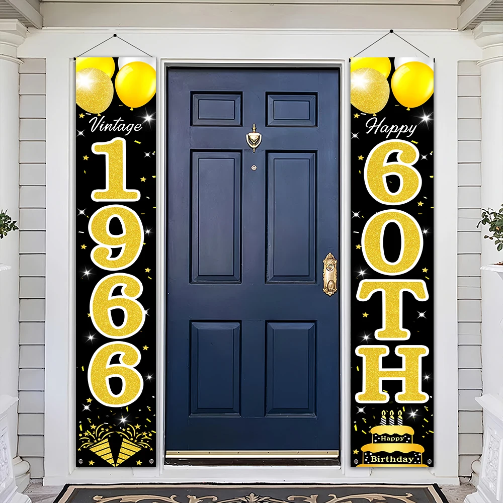 Schwarz-Gold Retro 60. Geburtstag Türschild-Set, Vintage 1966 Themenbanner „Prost auf 60 Jahre“ für die Veranda mit Ballon- und Kuchenmotiven – Detail 9