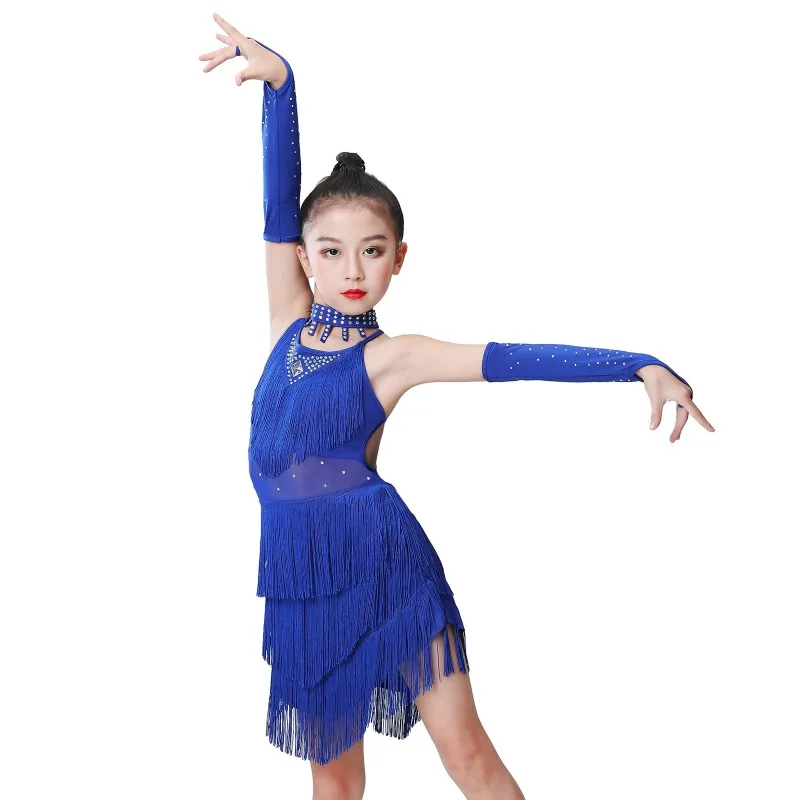 Girls Dance Dress Outfits Latin Dress Kids Solid Tassel Tango Cha Cha Dancewear Performance Stage Fashion Costume Dancing Dress