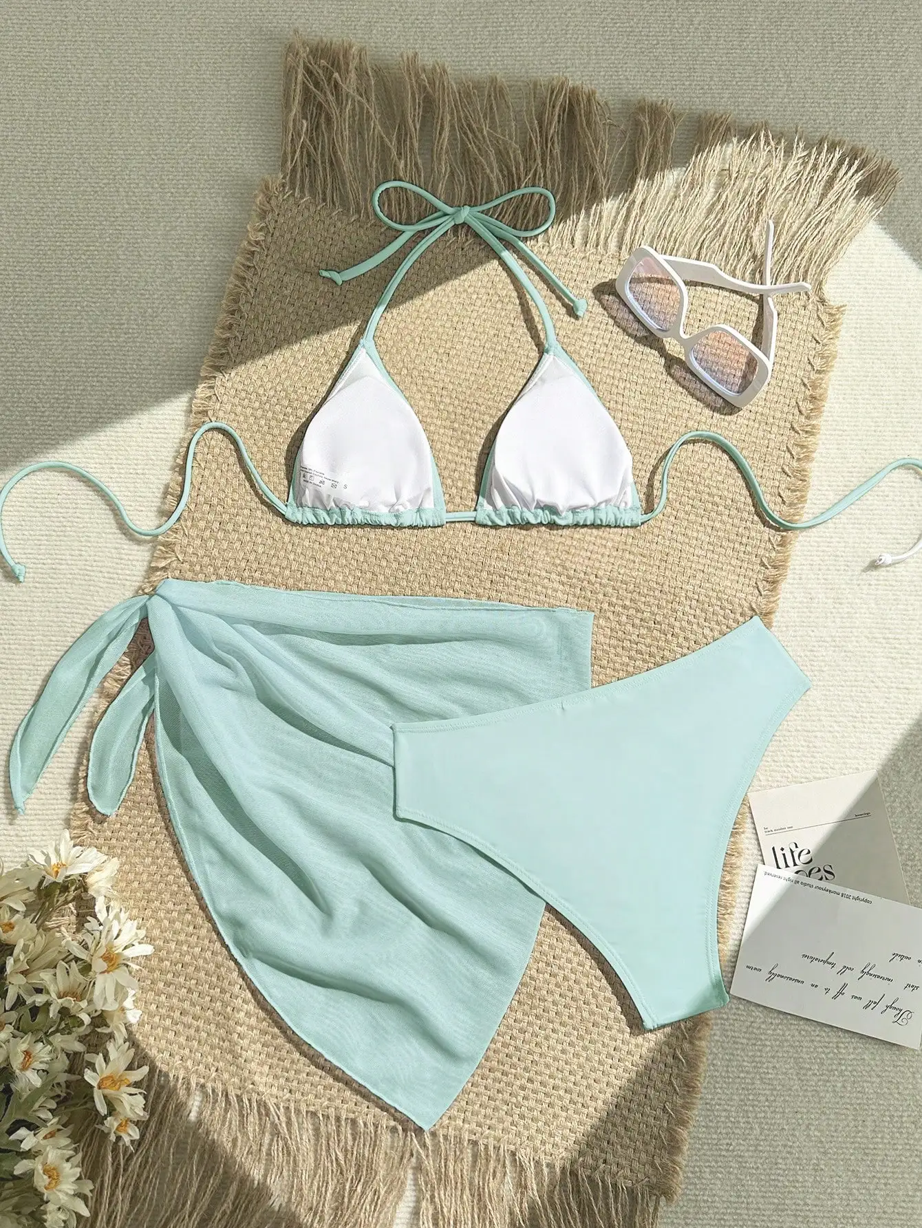 

3 Piece Women Solid Color Halter Tie Bikini Set With Cover Up Skirt For Beach Vacation
