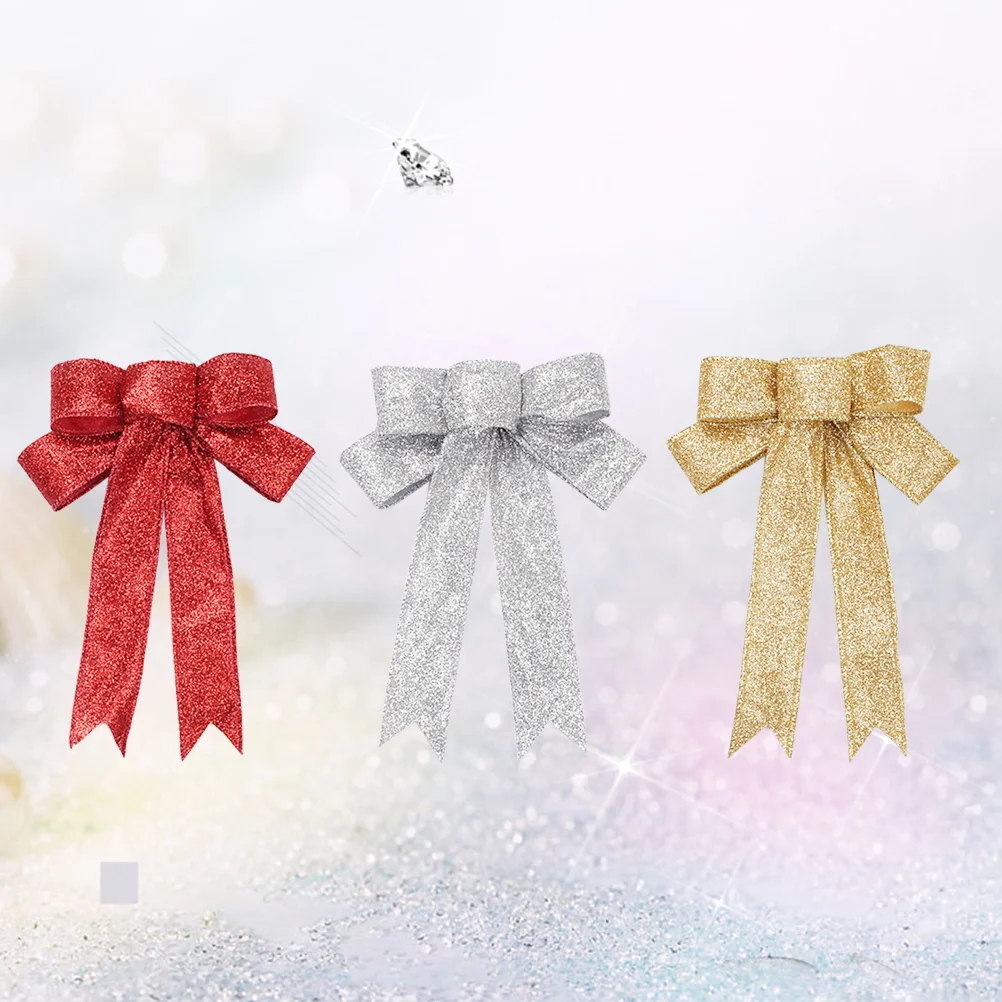 

3Pcs Christmas Bowknot Ribbon Golden Silver Red Cloth Festive Bow Ornament Christmas Tree Decorations Gift Box Photo Shoot