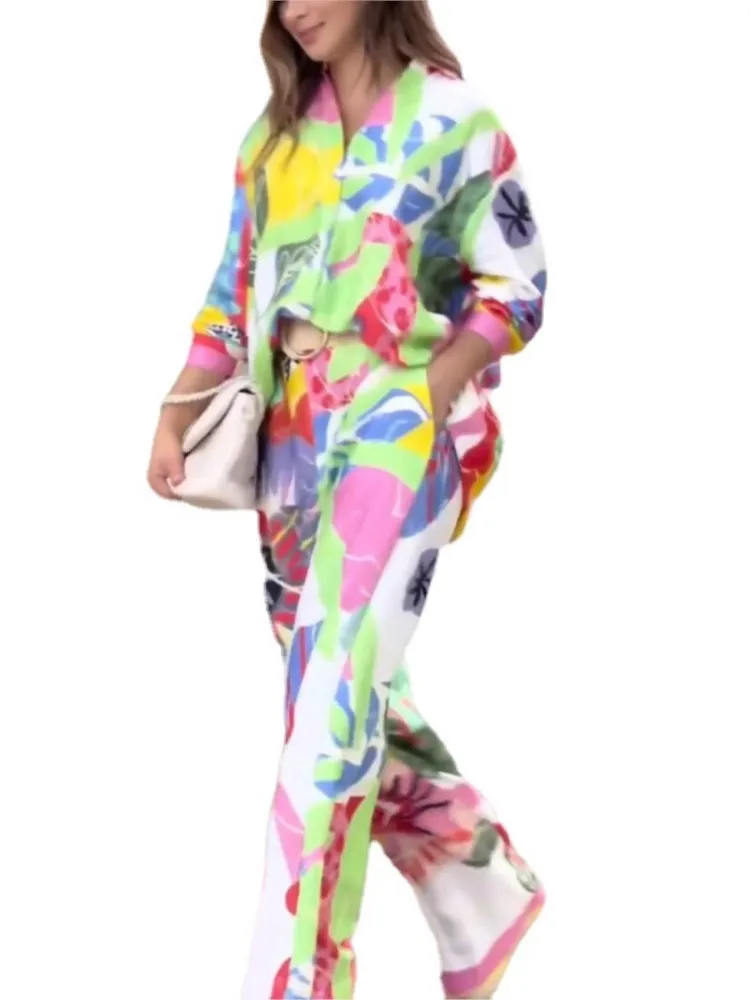 Damski modny dwuczęściowy zestaw z kolorowym nadrukiem, luźne koszule z długim rękawem i szerokie spodnie, damski komplet do pracy.