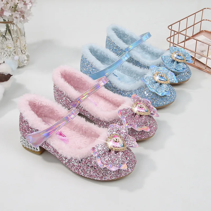 

Disney Princess Girls Shoes Frozen Elsa Shoes Performance Party High Heels Bow Sequin Pink Blue Show Warm Shoes Size 23-36