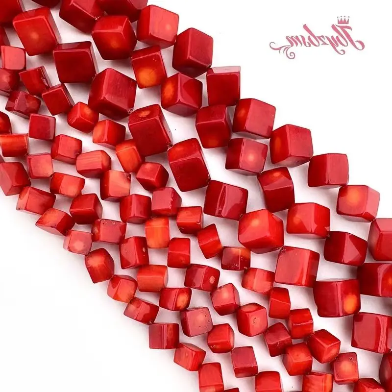 8-9mm/9-10mm Square Cube Red Coral Natural Stone Loose Beads Strand 15 inch for DIY Accessories Necklace Bracelet Jewelry Making
