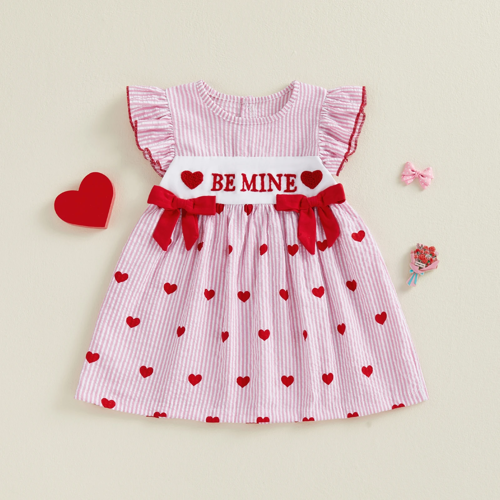فستان صيفي للفتيات الصغيرات لعيد الحب ملابس مطرزة على شكل قلب وأكمام طائرة فستان كاجوال #2