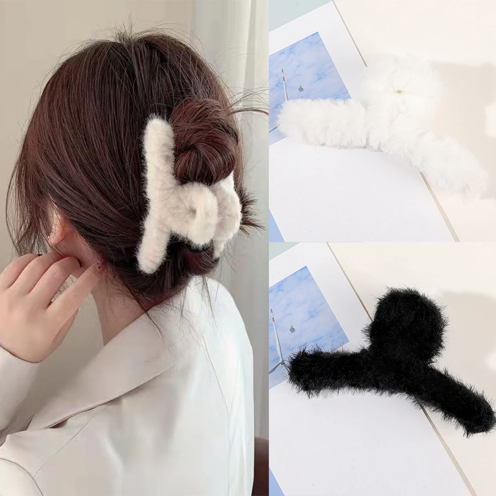 Zimowe pluszowe spinki do włosów eleganckie akrylowe spinki do włosów sztuczne futro klips do włosów Barrette krab nakrycia głowy dla kobiet dziewczynki akcesoria do włosów