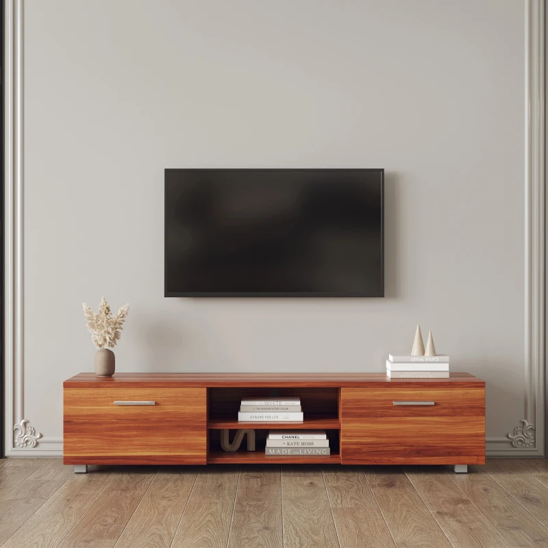 Walnut Stand 70 Inch TV Stands Media Console Entertainment Center Table 2 Storage Cabinet With Open For Living