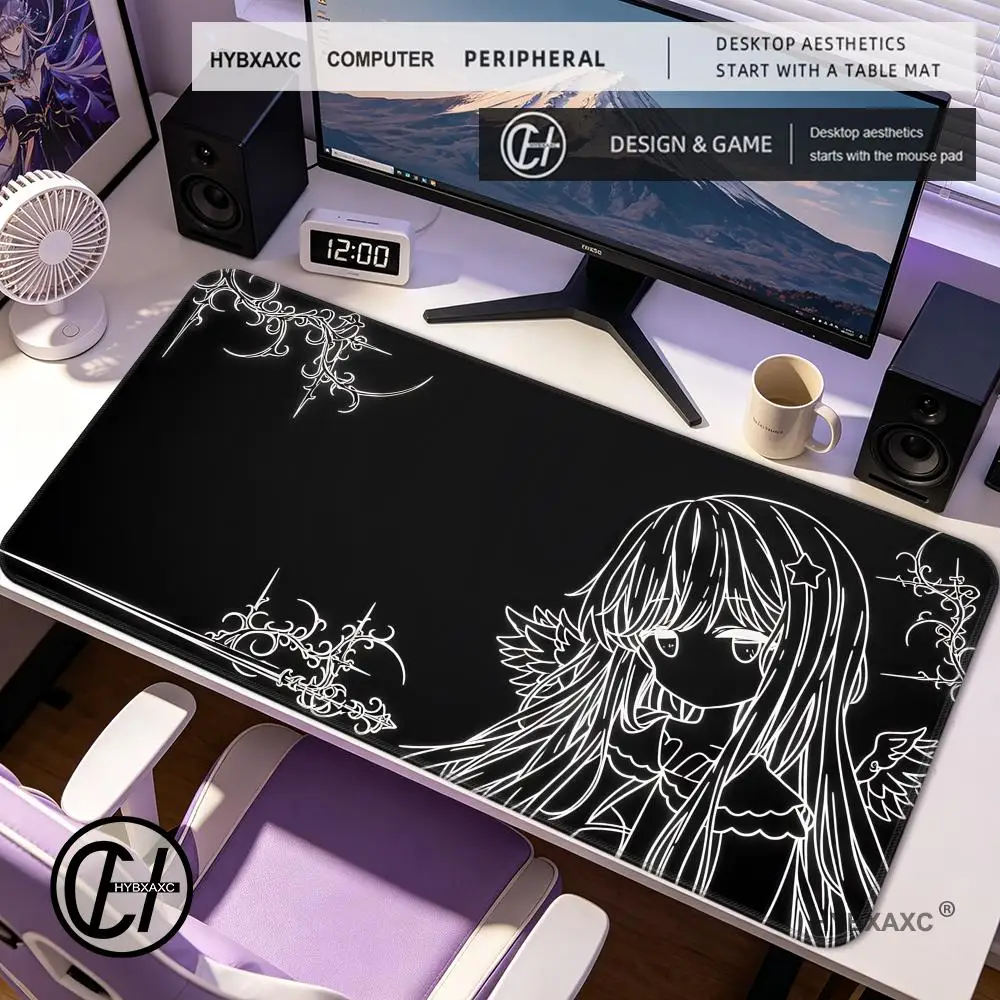 

HYBXAXC Gothic Anime Angel Girl Mouse Pad, Black White Line Art Desk Mat, Non-slip Gaming Keyboard Pad for PC Laptop