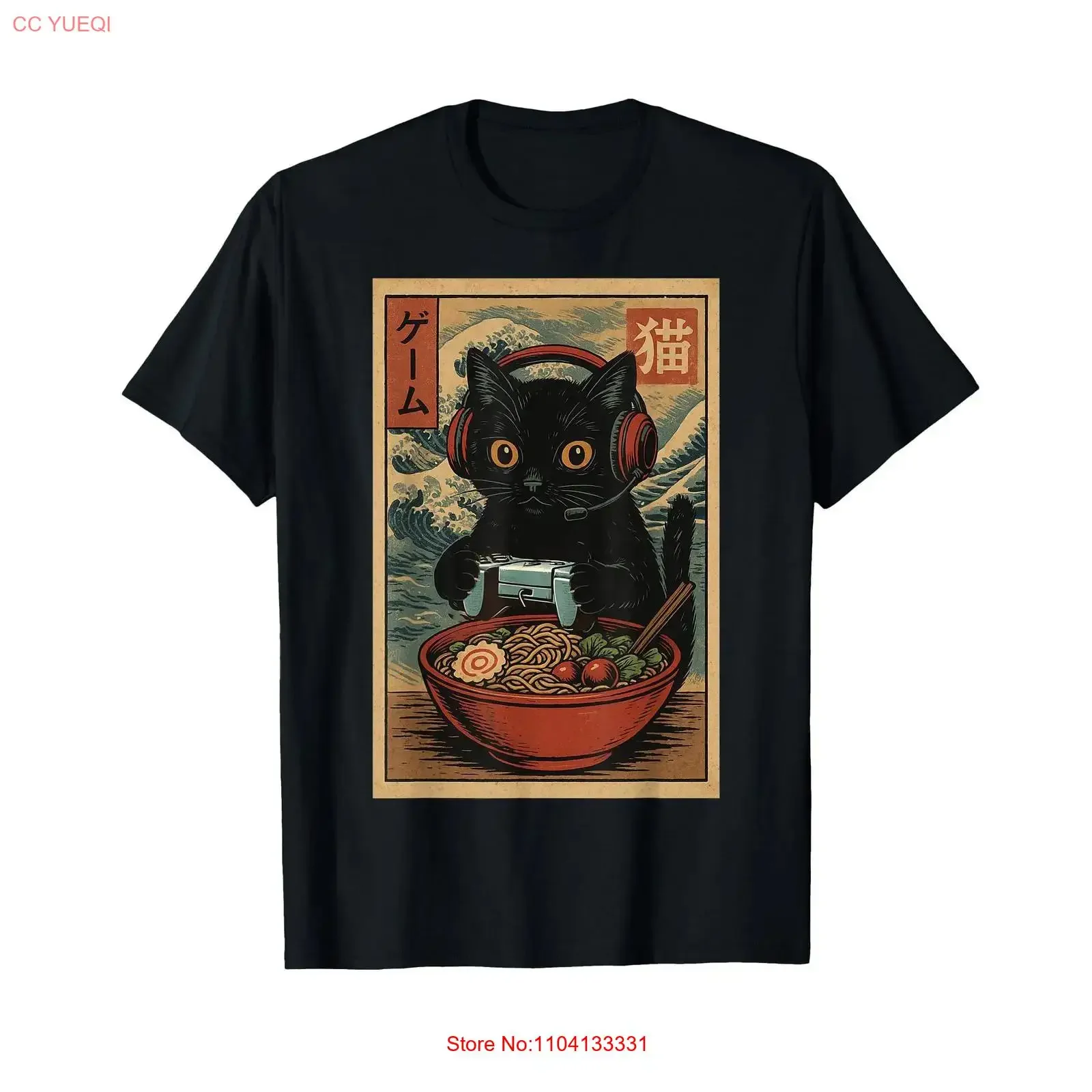 Camiseta de Gaming Japonesa Retro con Diseño de Gato Gamer Kawaii y Ramen, Estilo Vintage Lavado, Streetwear Versátil, Unisex y Cómoda