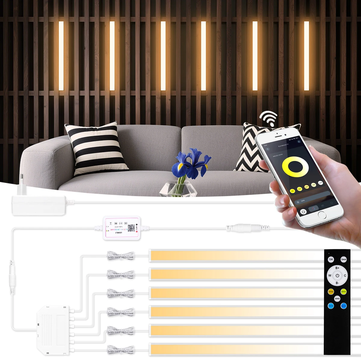 48CM Bluetooth APP Control CCT LED Light Bar 2700K-6500K Dimmable 1-6pcs LampTube Integration Lighting for Soundproof Panel Wall