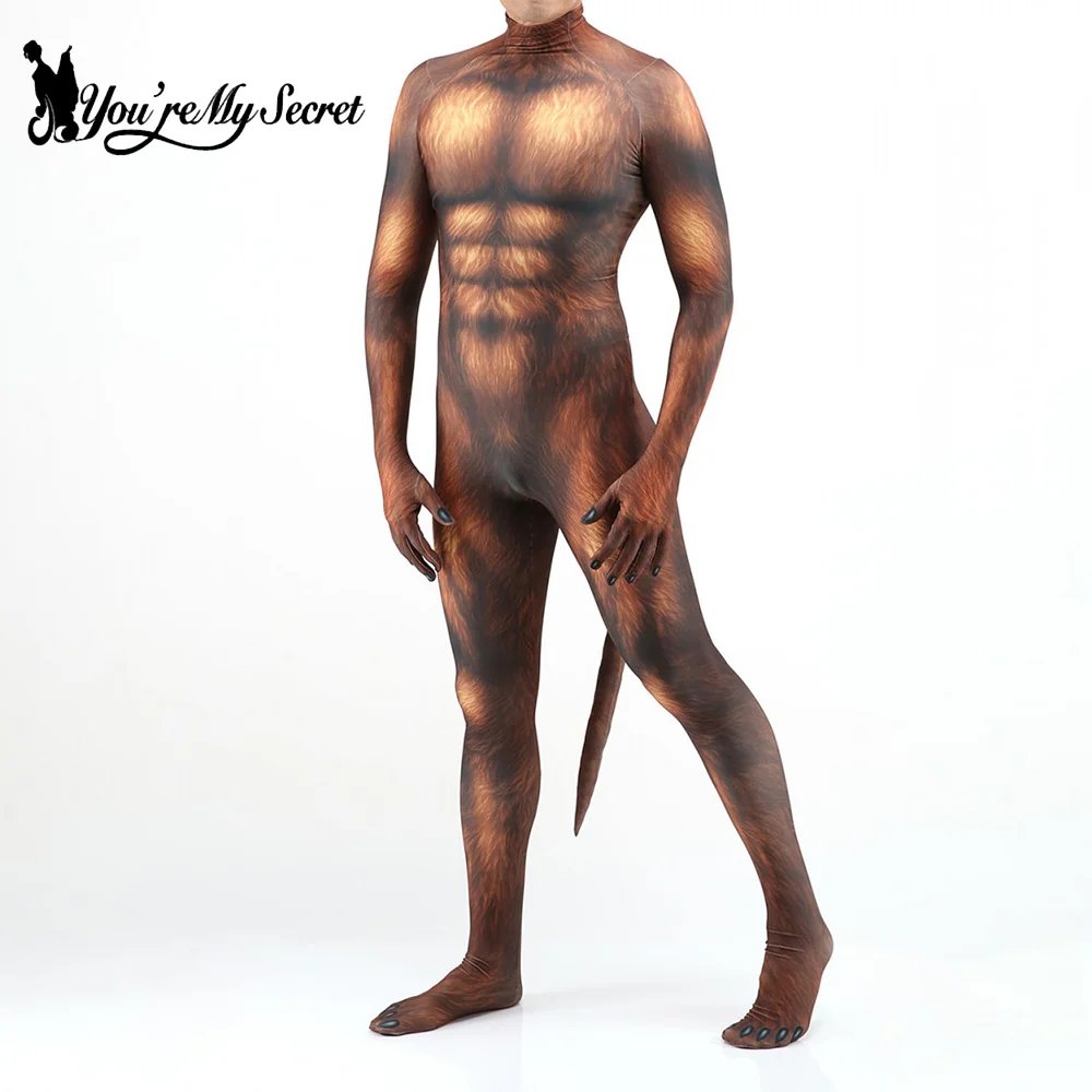 [You're My Secret] Halloween Cosplay Animal Wolf Printed Costume with Tail Crotch Zipper Party Outfit Zentai Bodysuit Catsuit