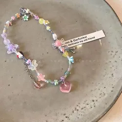 Korean Pink Beaded Peach Heart candy Pendant Necklace for Women Y2K Aesthetic Jewelry