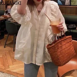 KUSAHIKI Ruffle Puff Half Sleeve V Neck Blouse 2023 Summer Korean Style Women Shirts Tops Causal Solid Blusas Camisas De Mujer