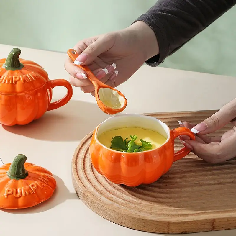 

250/300/500ML Halloween Pumpkin Shaped Ceramic Cup with Lid Coffee Oatmeal Exquisite Breakfast Milk Mug Creative Gifts for Kids