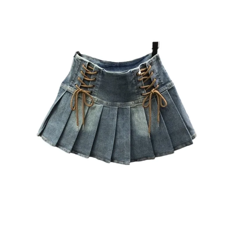vintage baby girls pleated skirt jeans high waist denim short skirt autumn pleated bandage kids clothes cowboy 3 to 16 years