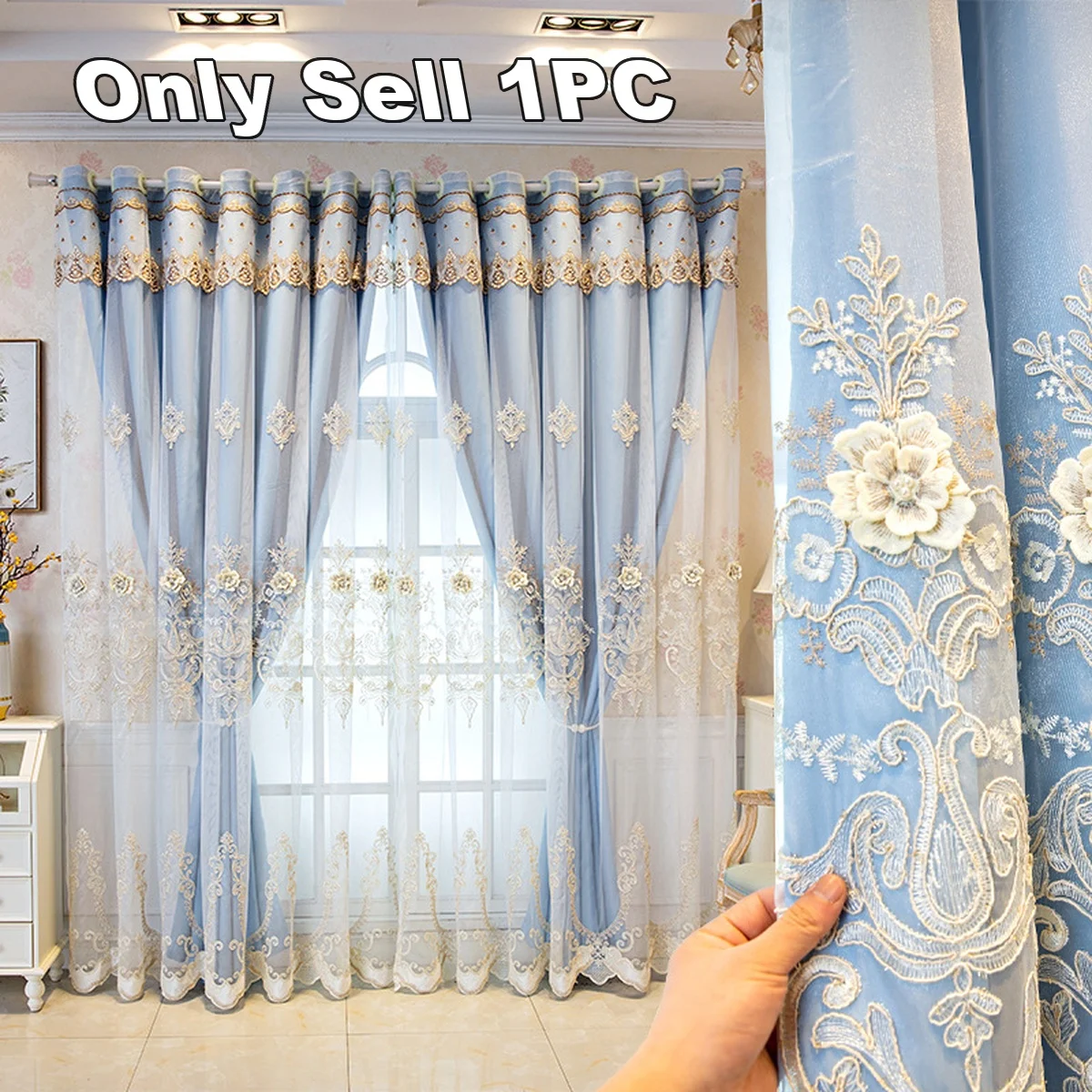 1pc Full Blackout Double-Layer Curtains with Sheer in Cream Color Luxurious Embossed Embroidered Design for Bedroom and Living R