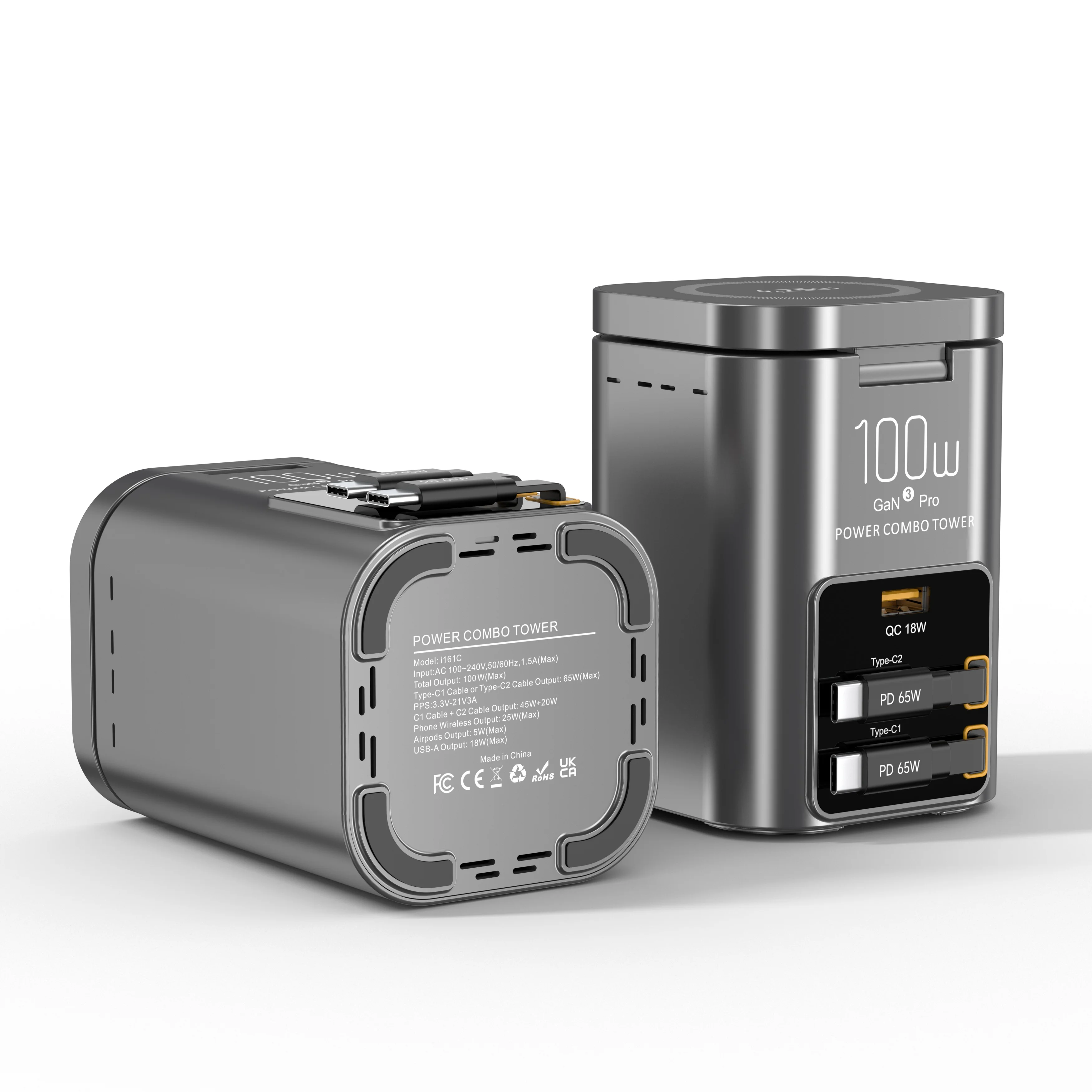 5-in-1 Charging Station with Retractable USB-C Cable Power Combo Tower 100W for Multiple Devices Fast Charger for iPhone Airpod