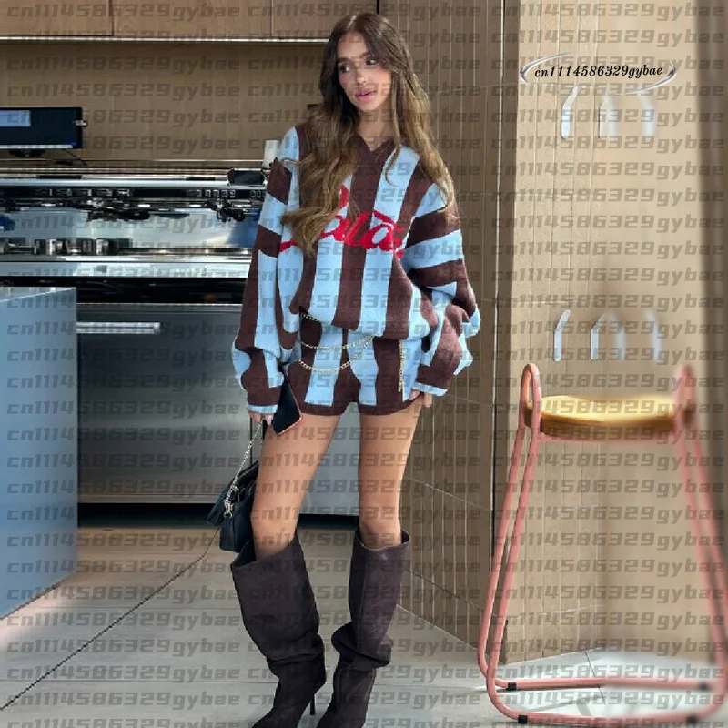 Women Striped Letter Jacquard Knit Set V Neck Loose Knit Sweater Top Casual Shorts Street Matching Set Ladies Sweater Outfit