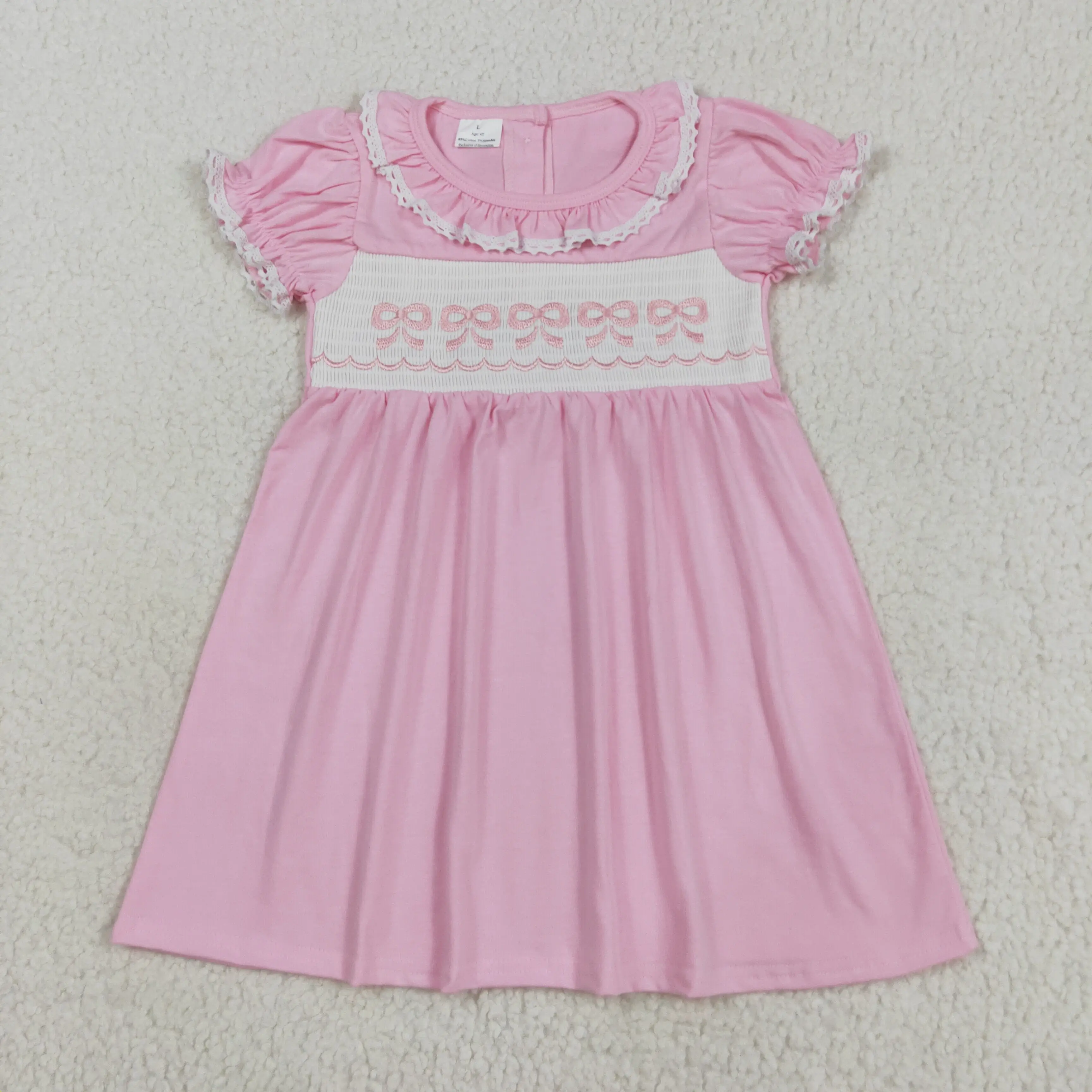 

Embroidered bow lace pink short-sleeved dress New summer dress wholesale boutique for girls