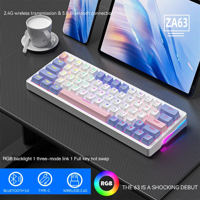 K63 Wired Gaming Keyboard Mechanical Dual-Spell Rgb Hot-Swappable Tri-Mode Bluetooth Wireless Mechanical Keyboard